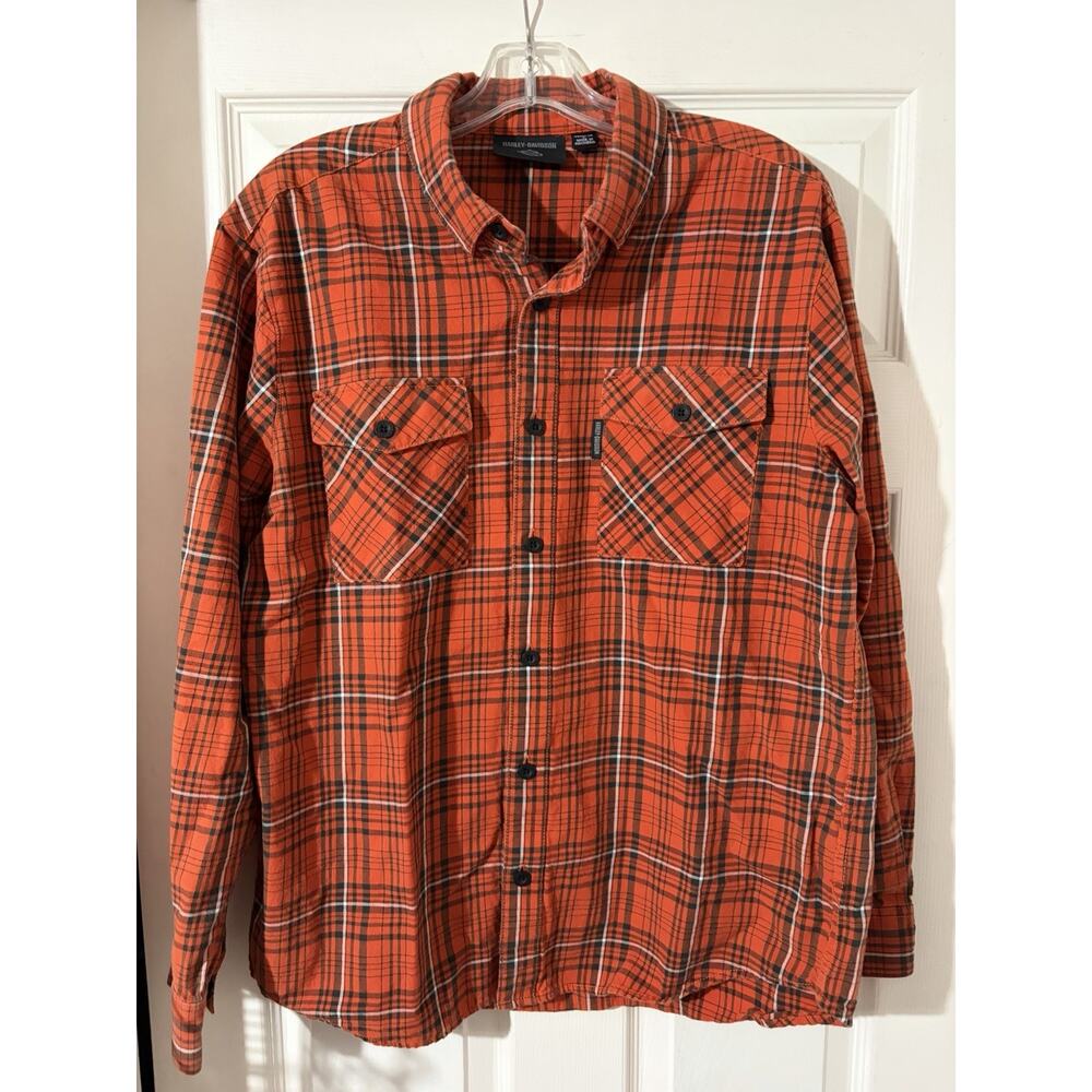 Harley Davidson Essence Flannel Sz L Orange 96404-22VM Motorcycle Biker Plaid